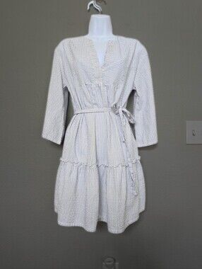 Cotton V Neck Tiered Dress White Blue Striped Size Small Summer Nautical